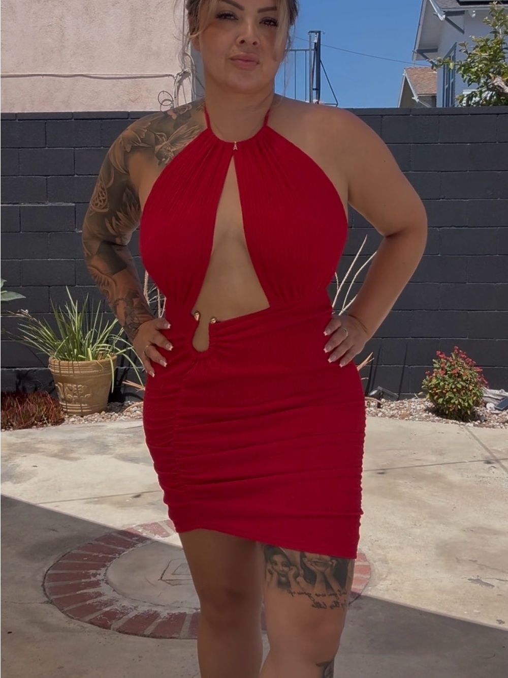 Red Halter Cutout Bodycon Dress - Women